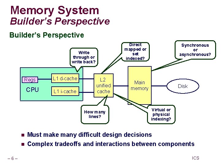 Memory System Builder’s Perspective Direct mapped or set indexed? Write through or write back? Memory System Builder’s Perspective Direct mapped or set indexed? Write through or write back?