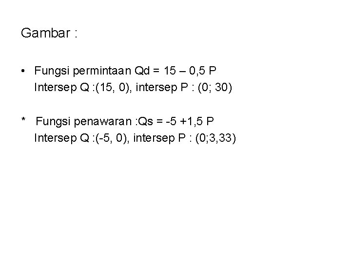 Gambar : • Fungsi permintaan Qd = 15 – 0, 5 P Intersep Q