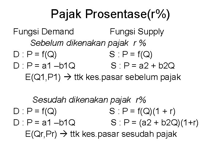 Pajak Prosentase(r%) Fungsi Demand Fungsi Supply Sebelum dikenakan pajak r % D : P