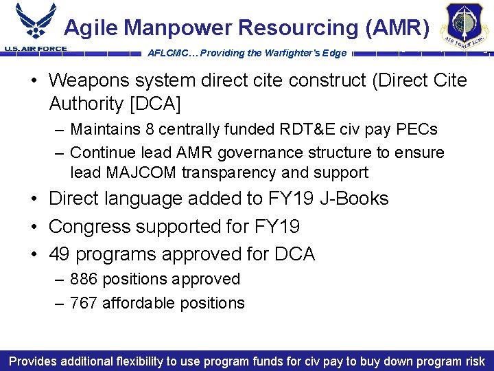 Agile Manpower Resourcing (AMR) AFLCMC… Providing the Warfighter’s Edge • Weapons system direct cite