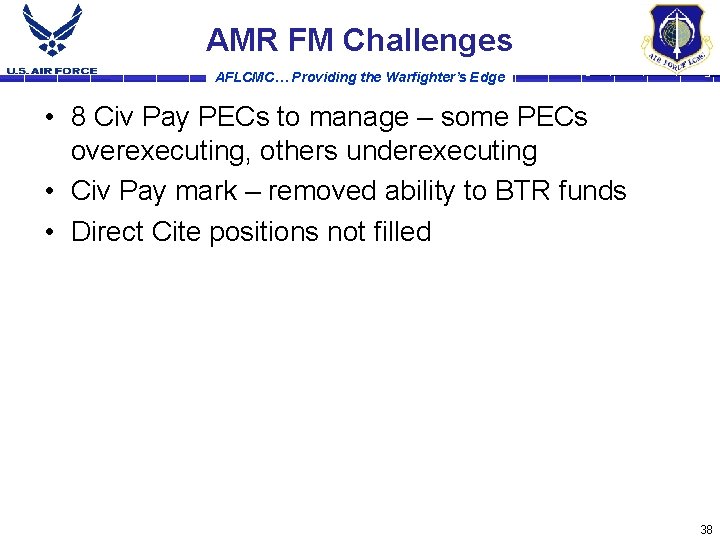 AMR FM Challenges AFLCMC… Providing the Warfighter’s Edge • 8 Civ Pay PECs to