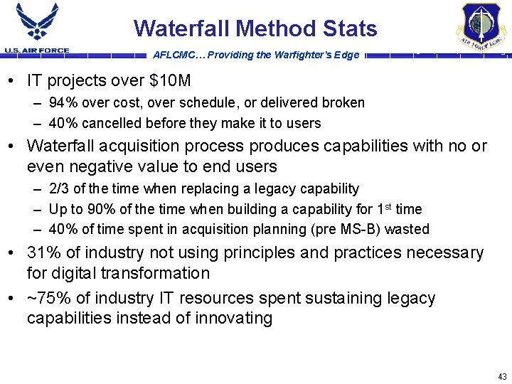 Waterfall Method Stats AFLCMC… Providing the Warfighter’s Edge • IT projects over $10 M
