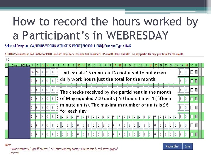 How to record the hours worked by a Participant’s in WEBRESDAY Unit equals 15