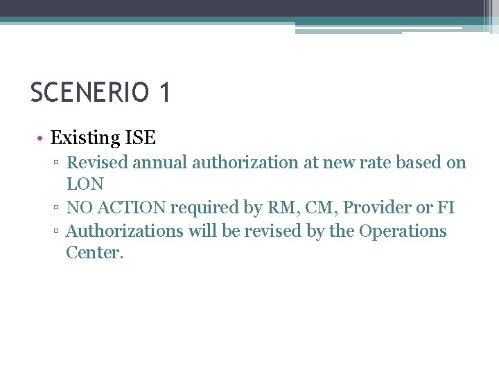 SCENERIO 1 • Existing ISE ▫ Revised annual authorization at new rate based on