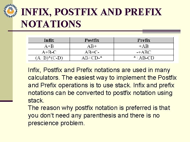 INFIX, POSTFIX AND PREFIX NOTATIONS Infix, Postfix and Prefix notations are used in many