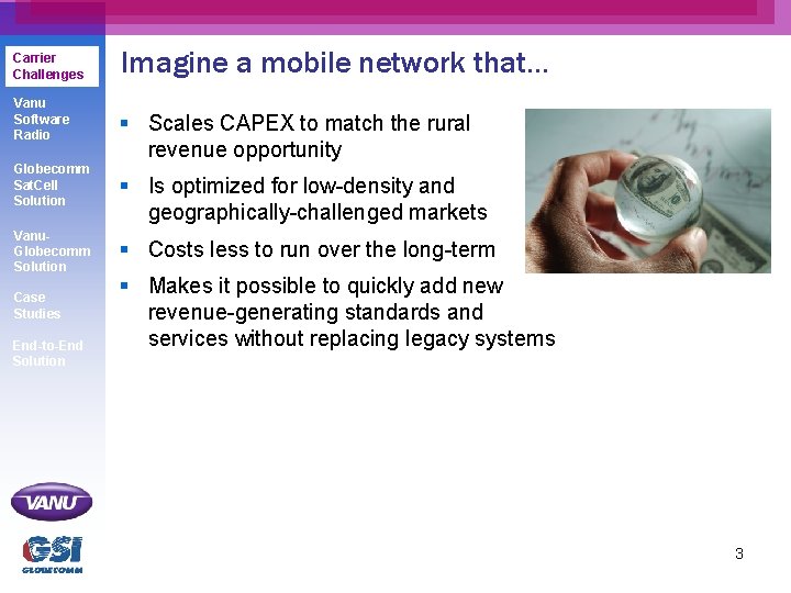 Carrier Challenges Vanu Software Radio Globecomm Sat. Cell Solution Vanu. Globecomm Solution Case Studies Carrier Challenges Vanu Software Radio Globecomm Sat. Cell Solution Vanu. Globecomm Solution Case Studies