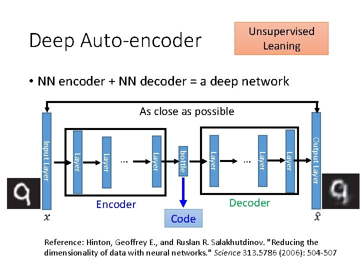 Unsupervised Leaning Deep Auto-encoder • NN encoder + NN decoder = a deep network