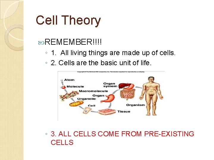 Cell Theory REMEMBER!!!! ◦ 1. All living things are made up of cells. ◦