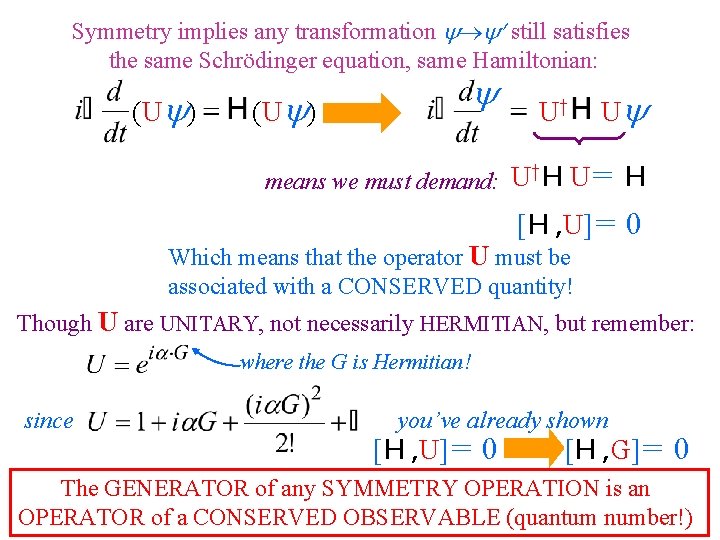 Symmetry implies any transformation still satisfies the same Schrödinger equation, same Hamiltonian: (U )