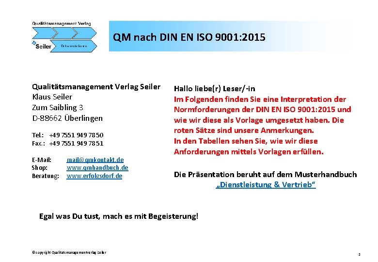 QM nach DIN EN ISO 9001: 2015 Qualitätsmanagement Verlag Seiler Klaus Seiler Zum Saibling