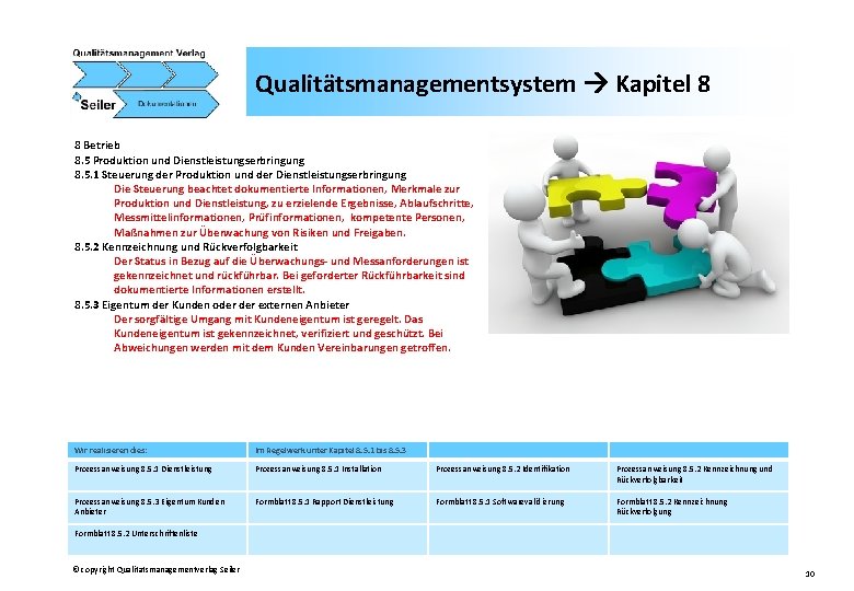 Qualitätsmanagementsystem Kapitel 8 8 Betrieb 8. 5 Produktion und Dienstleistungserbringung 8. 5. 1 Steuerung