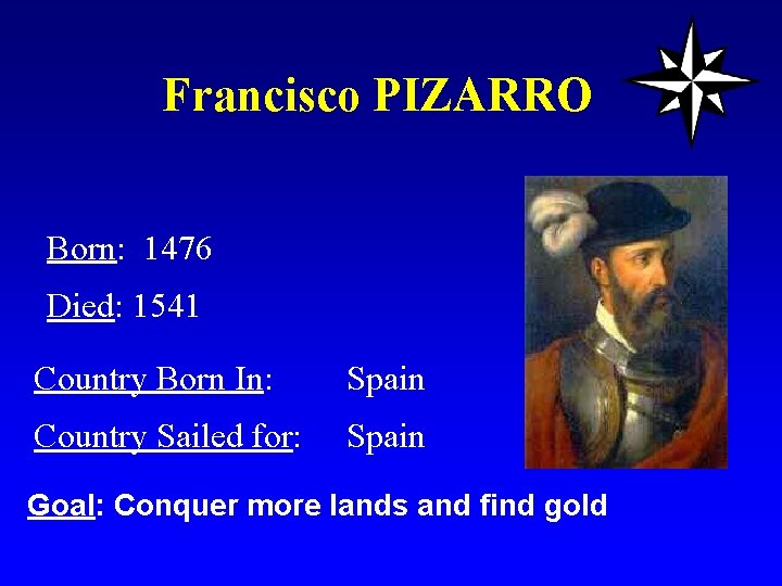 Francisco PIZARRO Born: 1476 Died: 1541 Country Born In: Spain Country Sailed for: Spain