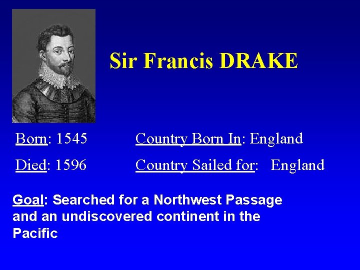 Sir Francis DRAKE Born: 1545 Country Born In: England Died: 1596 Country Sailed for: