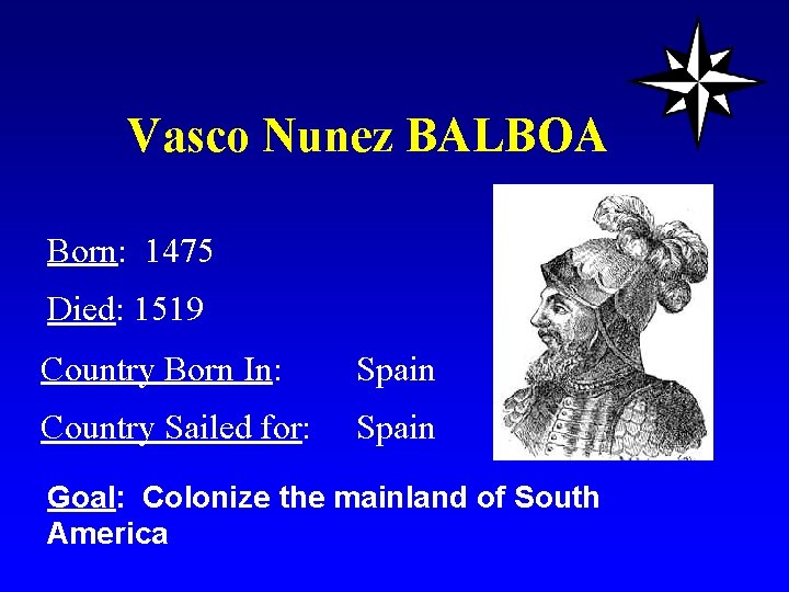 Vasco Nunez BALBOA Born: 1475 Died: 1519 Country Born In: Spain Country Sailed for: