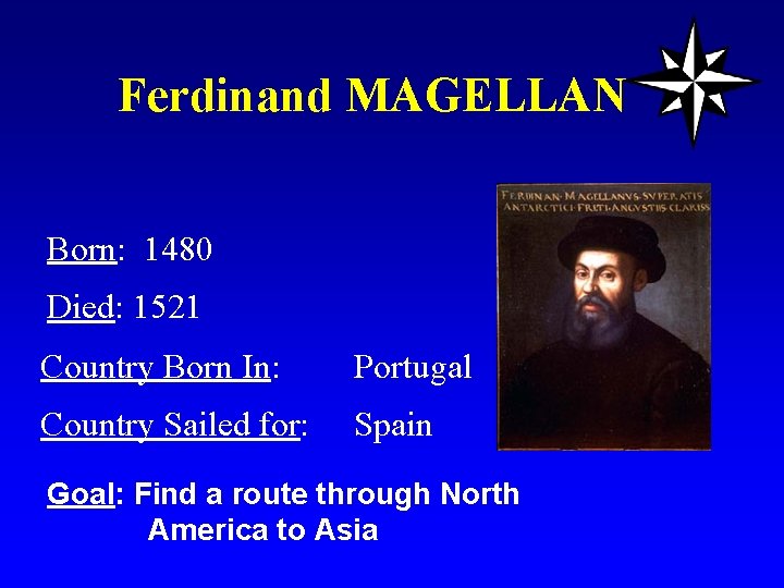 Ferdinand MAGELLAN Born: 1480 Died: 1521 Country Born In: Portugal Country Sailed for: Spain