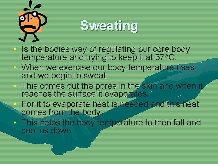 Sweating • Is the bodies way of regulating our core body temperature and trying