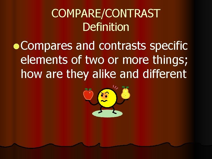 COMPARE/CONTRAST Definition l Compares and contrasts specific elements of two or more things; how