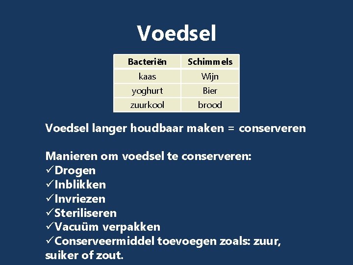 Voedsel Bacteriën Schimmels kaas Wijn yoghurt Bier zuurkool brood Voedsel langer houdbaar maken =