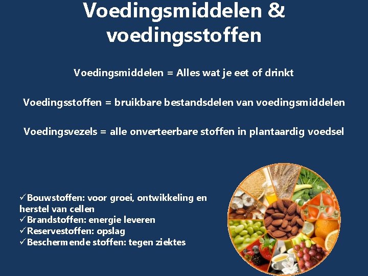 Voedingsmiddelen & voedingsstoffen Voedingsmiddelen = Alles wat je eet of drinkt Voedingsstoffen = bruikbare