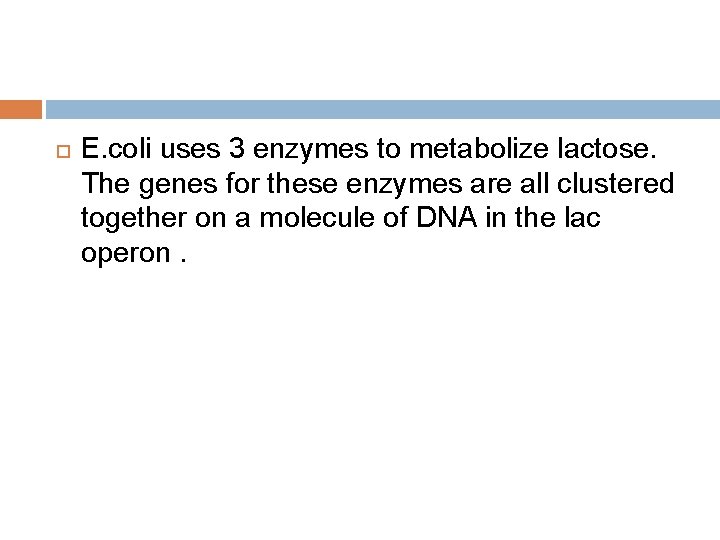  E. coli uses 3 enzymes to metabolize lactose. The genes for these enzymes