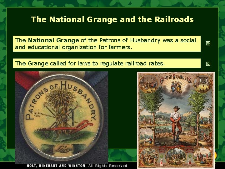 The National Grange and the Railroads The National Grange of the Patrons of Husbandry