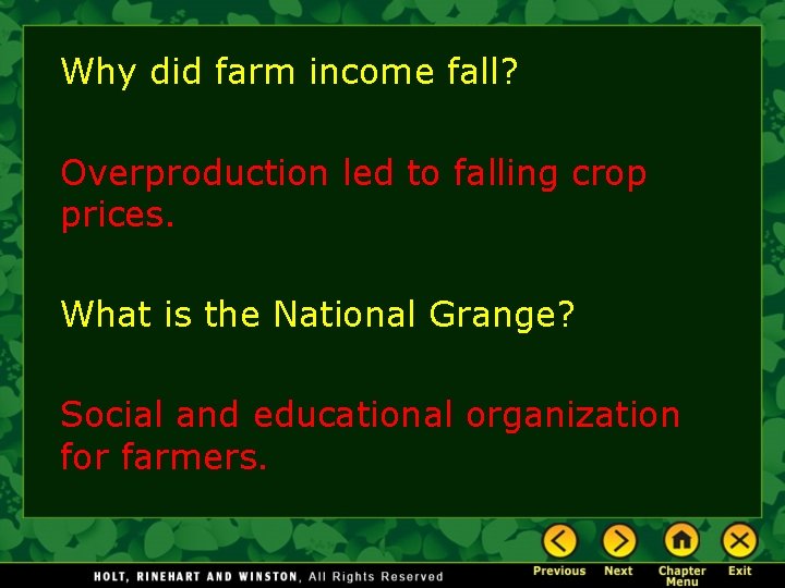 Why did farm income fall? Overproduction led to falling crop prices. What is the