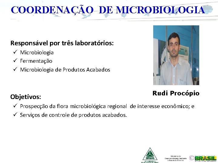 COORDENAÇÃO DE MICROBIOLOGIA Responsável por três laboratórios: ü Microbiologia ü Fermentação ü Microbiologia de
