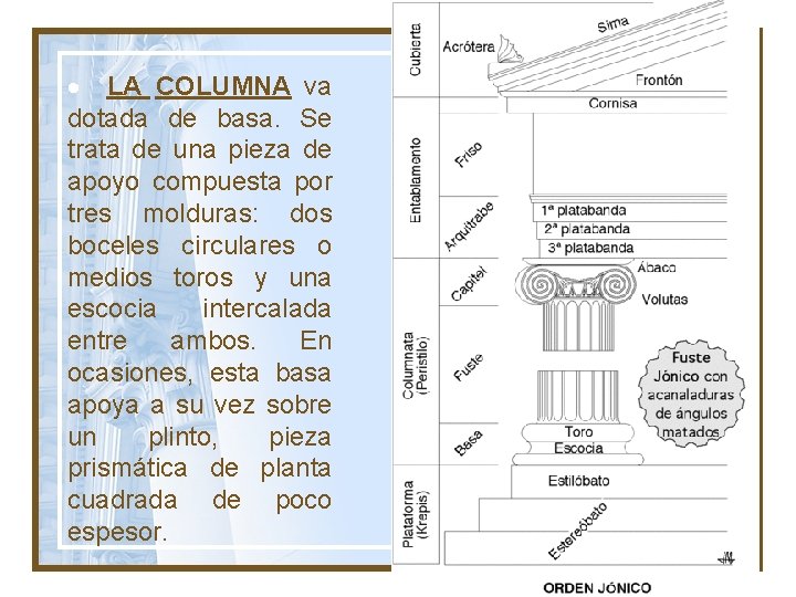  LA COLUMNA va dotada de basa. Se trata de una pieza de apoyo