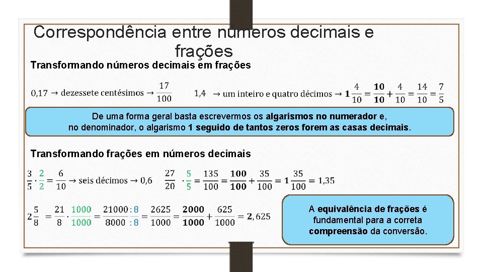 Correspondência entre números decimais e frações Transformando números decimais em frações De uma forma