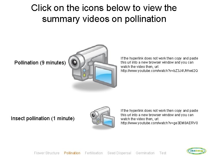 Click on the icons below to view the summary videos on pollination If the
