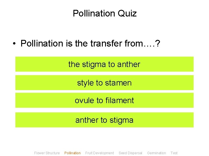 Pollination Quiz • Pollination is the transfer from…. ? the stigma to anther style
