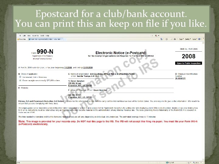 Epostcard for a club/bank account. You can print this an keep on file if