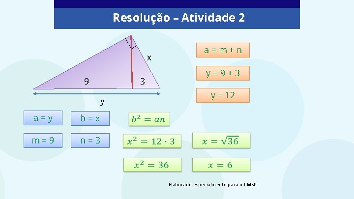 Resolução – Atividade 2 x 9 3 y a=y b=x m=9 n=3 a=m+n y=9+3