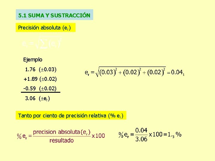 5. 1 SUMA Y SUSTRACCIÓN Precisión absoluta (er) Ejemplo 1. 76 ( 0. 03)