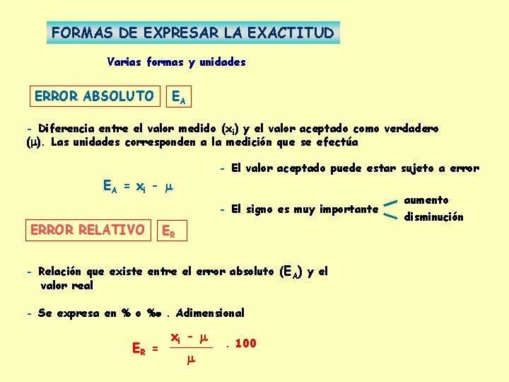 FORMAS DE EXPRESAR LA EXACTITUD Varias formas y unidades ERROR ABSOLUTO EA - Diferencia