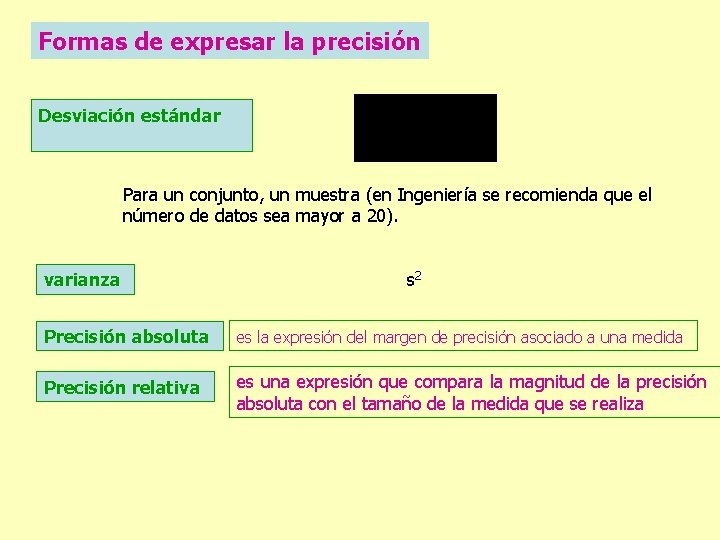 Formas de expresar la precisión Desviación estándar Para un conjunto, un muestra (en Ingeniería