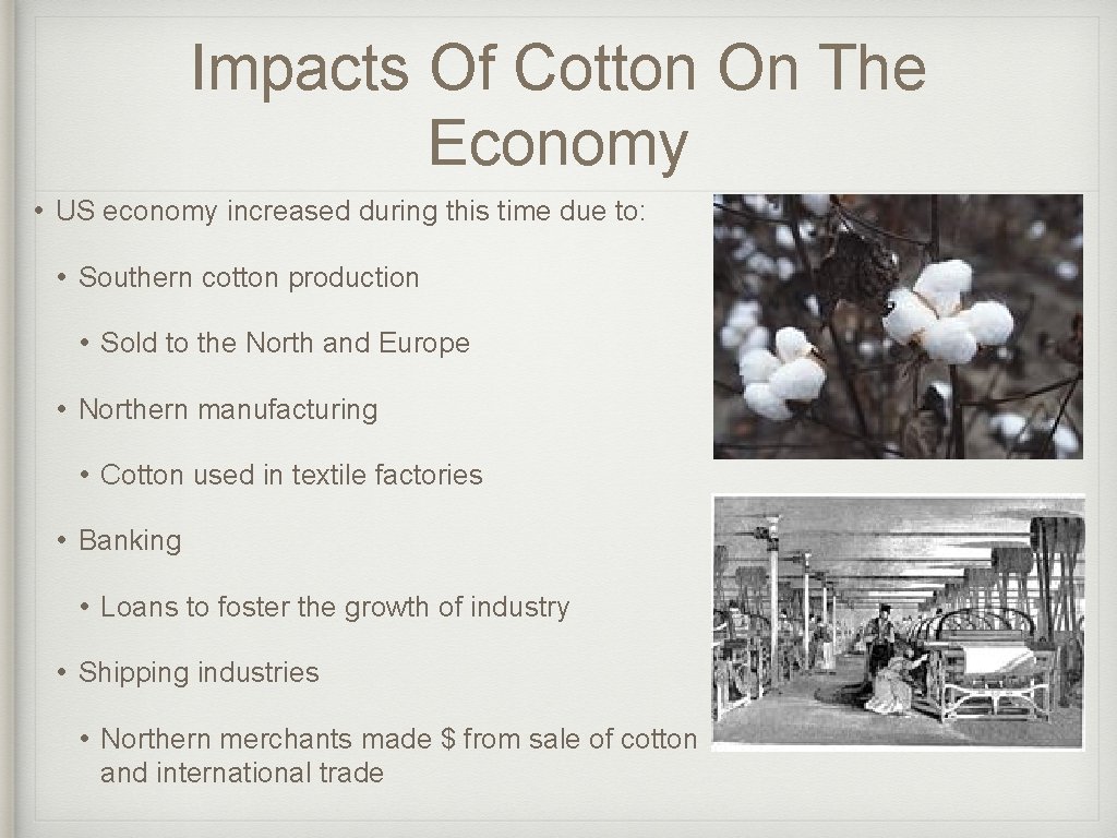 Impacts Of Cotton On The Economy • US economy increased during this time due