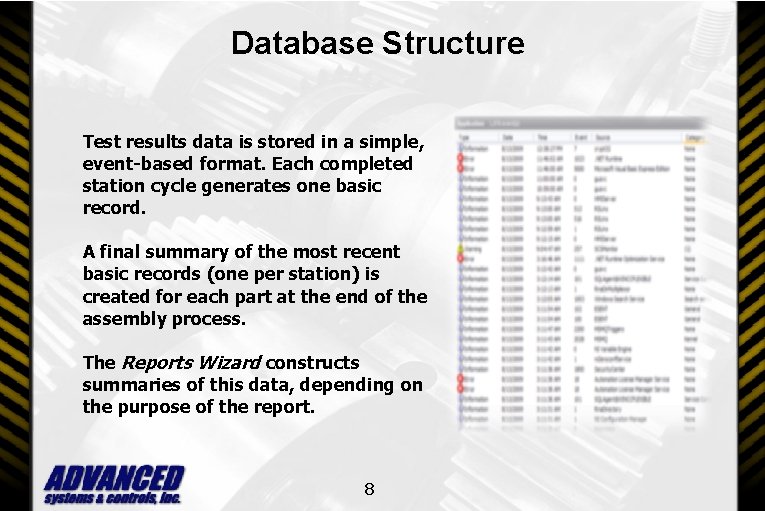 Database Structure Test results data is stored in a simple, event-based format. Each completed Database Structure Test results data is stored in a simple, event-based format. Each completed