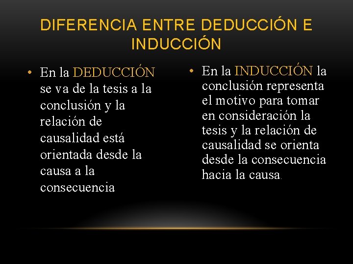 DIFERENCIA ENTRE DEDUCCIÓN E INDUCCIÓN • En la DEDUCCIÓN se va de la tesis