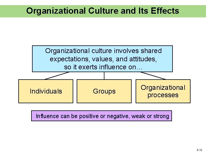 Organizational Culture and Its Effects Organizational culture involves shared expectations, values, and attitudes, so