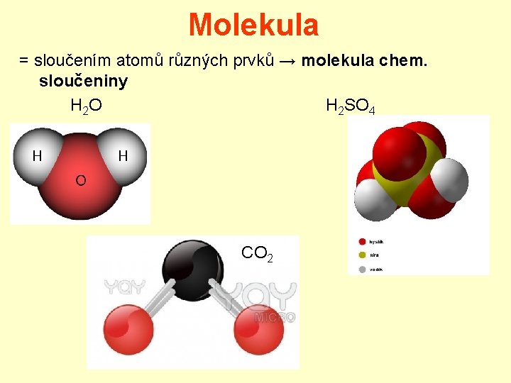 Molekula = sloučením atomů různých prvků → molekula chem. sloučeniny H 2 O H