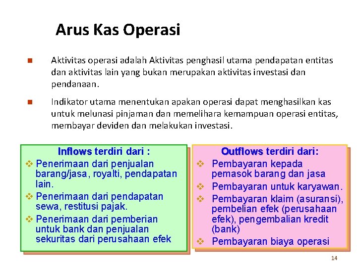 Arus Kas Operasi n Aktivitas operasi adalah Aktivitas penghasil utama pendapatan entitas dan aktivitas