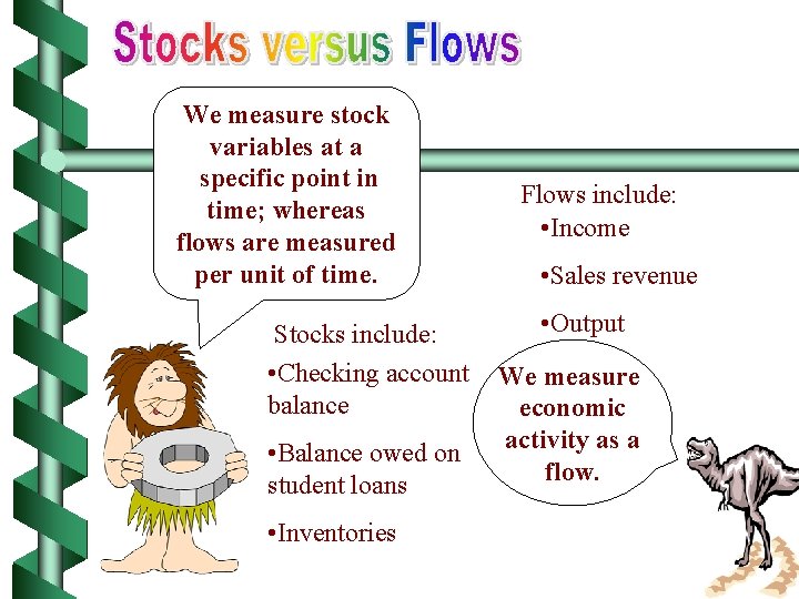 We measure stock variables at a specific point in time; whereas flows are measured