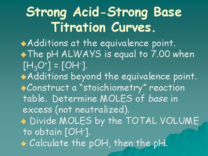Strong Acid-Strong Base Titration Curves. u. Additions at the equivalence point. u. The p.