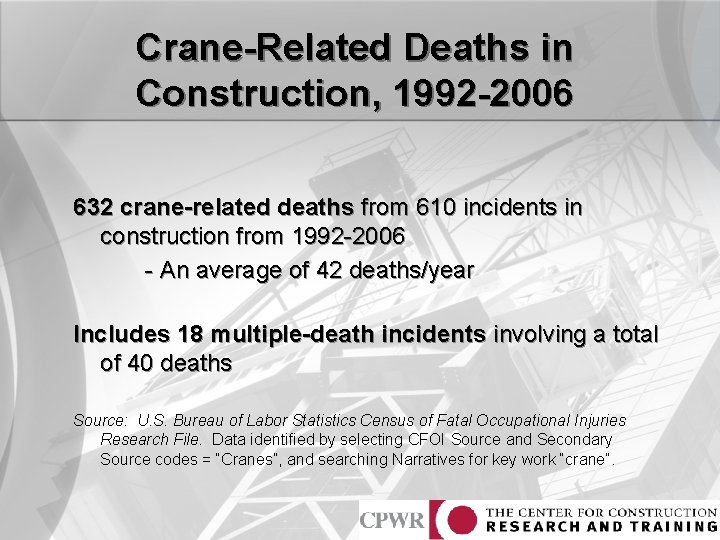 Crane-Related Deaths in Construction, 1992 -2006 632 crane-related deaths from 610 incidents in construction