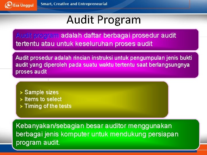 Audit Program Audit program adalah daftar berbagai prosedur audit tertentu atau untuk keseluruhan proses