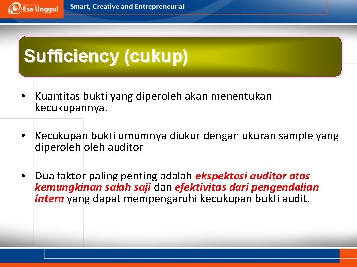 Sufficiency (cukup) • Kuantitas bukti yang diperoleh akan menentukan kecukupannya. • Kecukupan bukti umumnya