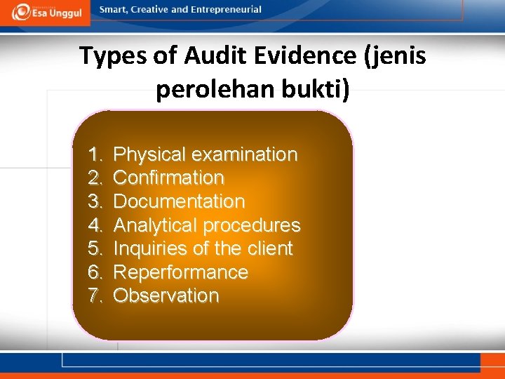 Types of Audit Evidence (jenis perolehan bukti) 1. 2. 3. 4. 5. 6. 7.