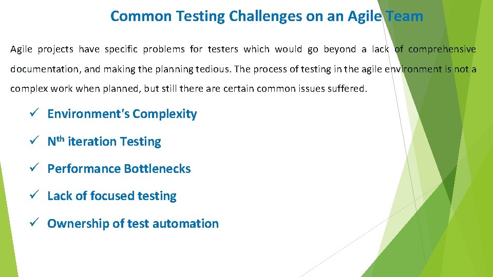 Common Testing Challenges on an Agile Team Agile projects have specific problems for testers