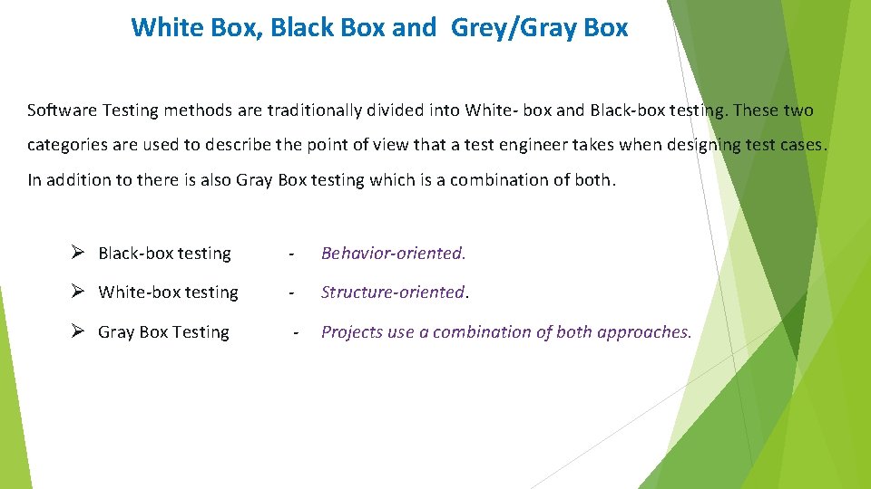 White Box, Black Box and Grey/Gray Box Software Testing methods are traditionally divided into